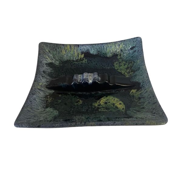 VTG Anna Van Briggle Art Pottery Mottled Blue Drip Glaze Ashtray Signed 9” - Picture 4 of 8